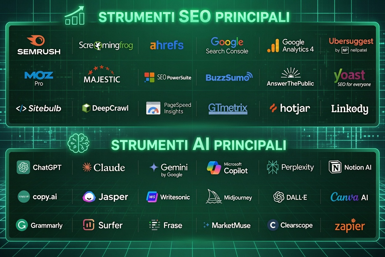 Strumenti SEO e AI utilizzati da Bismark.it: Semrush, Screaming Frog, Ahrefs, Google Search Console, ChatGPT, Claude, Gemini e altri